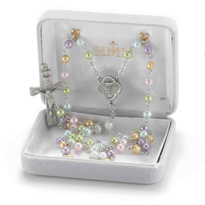 Holy Communion Multi-Color 6mm Faux Pearl Bead Pewter Rosary with a pewter chalice center and crucifix, and silver-plated chain in gift box (view 2)