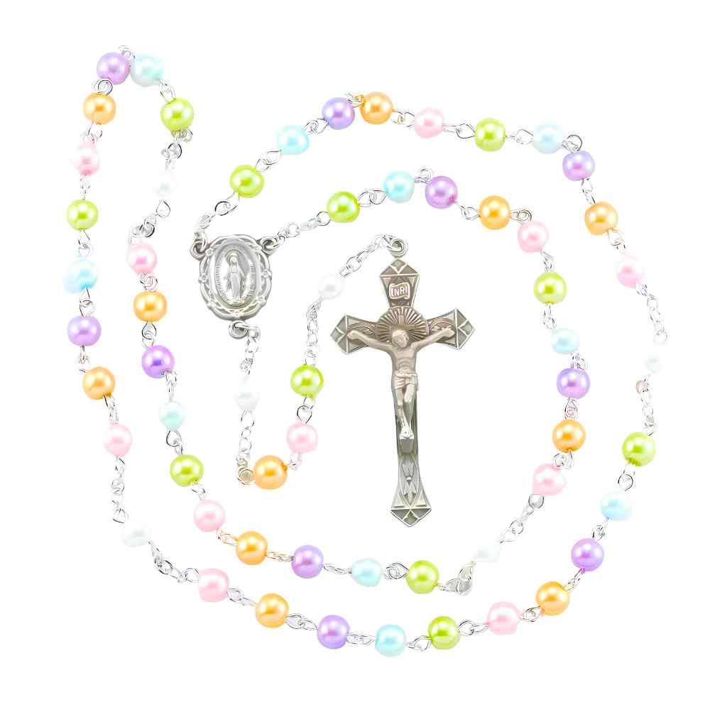 Multi-Color 6mm Faux Pearl Bead Pewter Rosary with a pewter center and crucifix, and silver-plated chain (view 2)