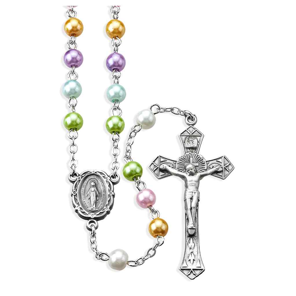 Multi-Color 6mm Faux Pearl Bead Pewter Rosary with a pewter center and crucifix, and silver-plated chain (view 1)