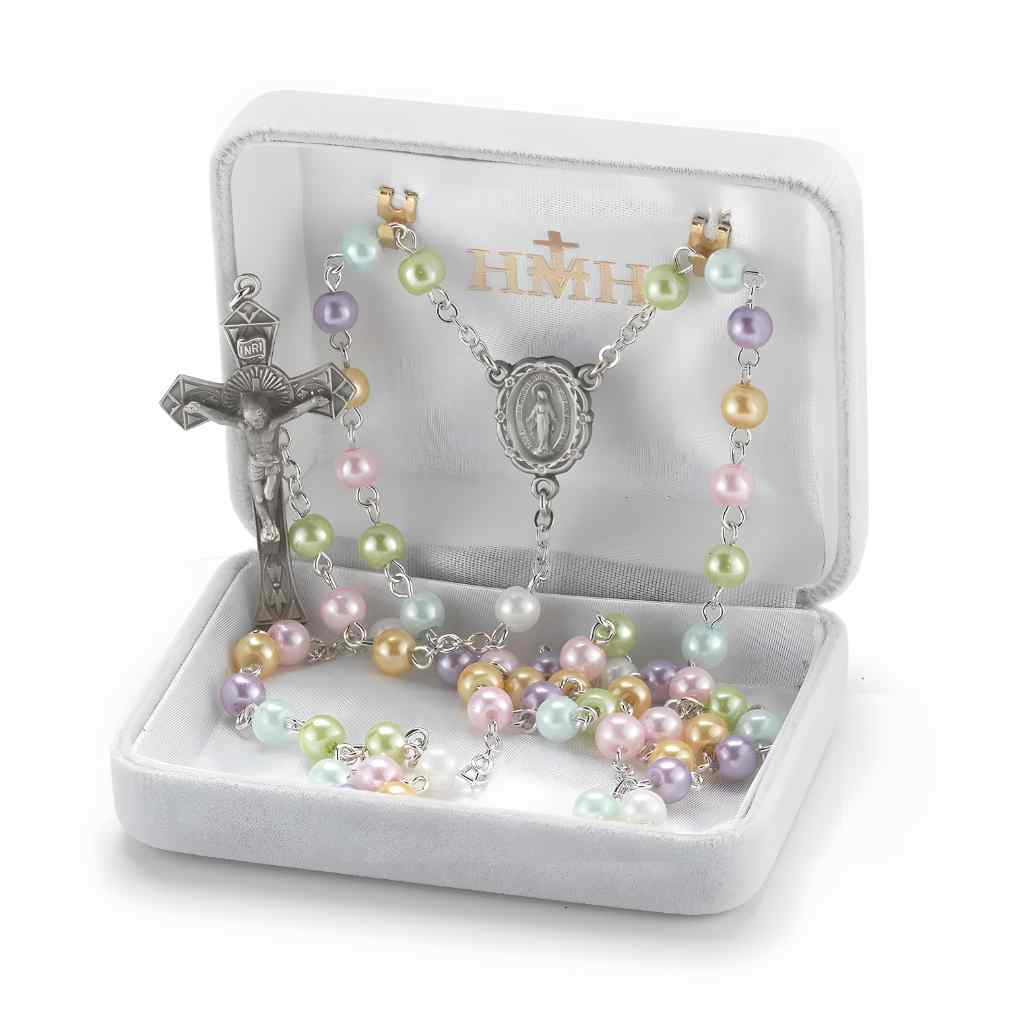 Multi-Color 6mm Faux Pearl Bead Pewter Rosary with a pewter center and crucifix, and silver-plated chain in gift box (view 3)