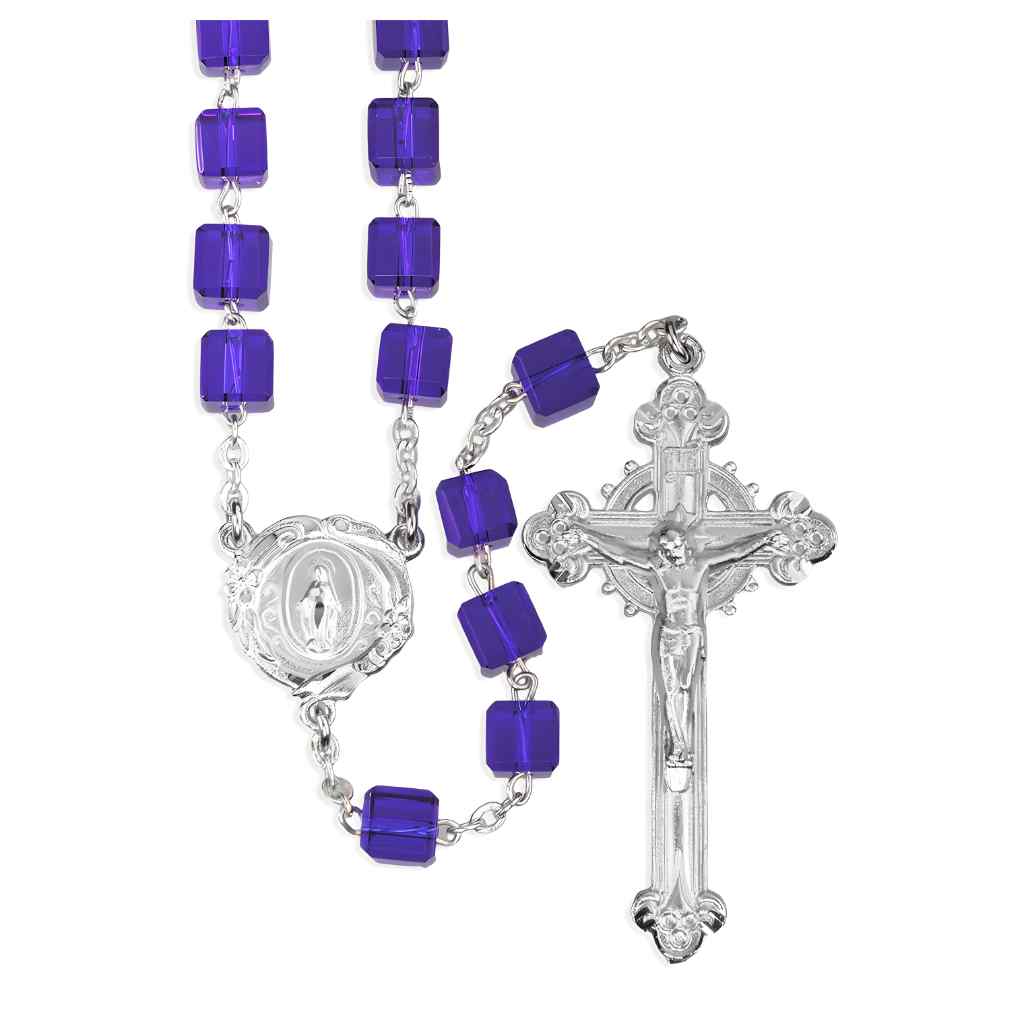Colbalt Blue 8mm Czech Crystal Cube Bead Pewter Rosary with lead-free New England pewter floral Miraculous Medal center and crucifix (view 1)