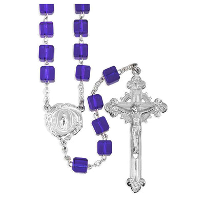 Colbalt Blue 8mm Czech Crystal Cube Bead Pewter Rosary with lead-free New England pewter floral Miraculous Medal center and crucifix (view 1)
