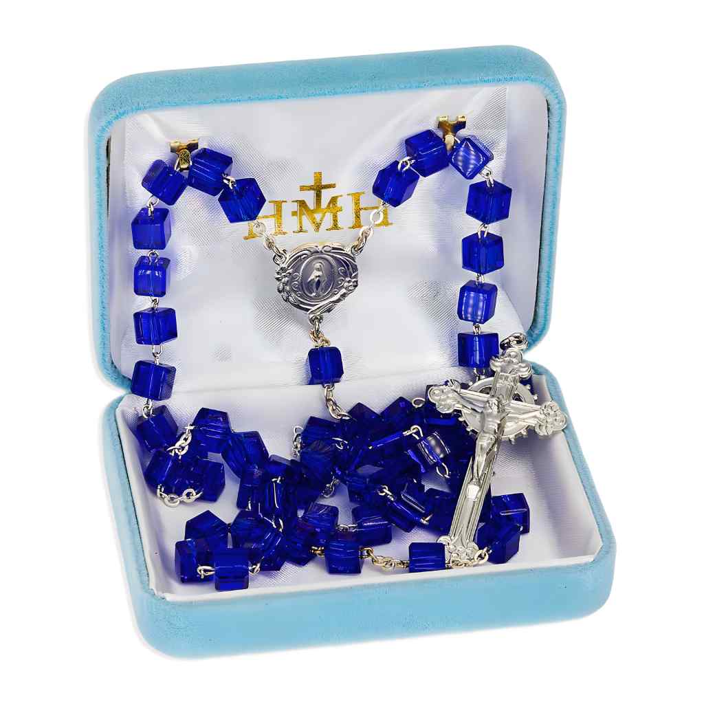 Colbalt Blue 8mm Czech Crystal Cube Bead Pewter Rosary with lead-free New England pewter floral Miraculous Medal center and crucifix in gift box (view 2)