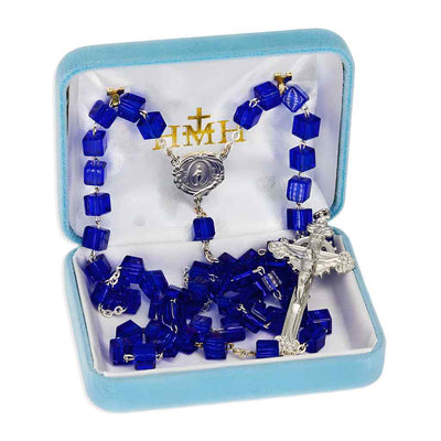 Colbalt Blue 8mm Czech Crystal Cube Bead Pewter Rosary with lead-free New England pewter floral Miraculous Medal center and crucifix in gift box (view 2)
