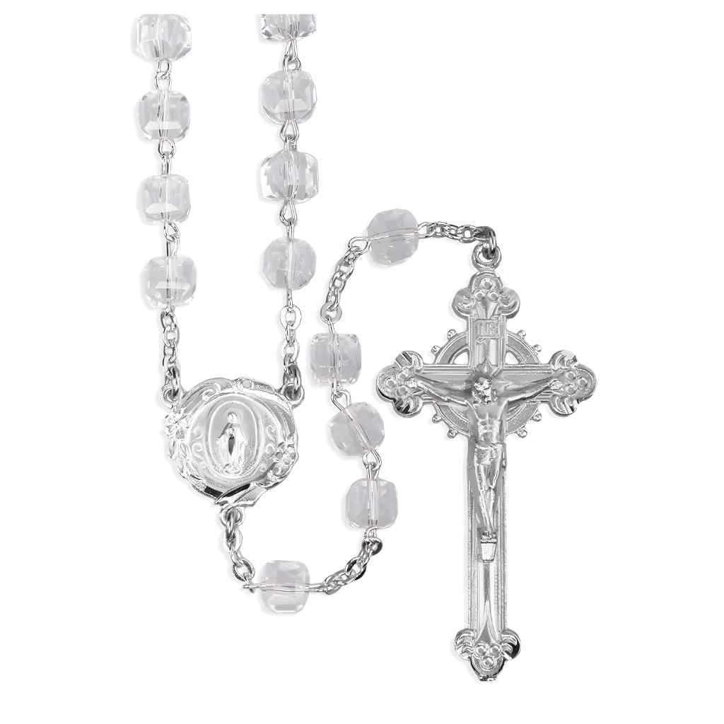 Silver Tone 8mm Czech Crystal Cube Bead Pewter Rosary with lead-free New England pewter floral Miraculous Medal center and crucifix
