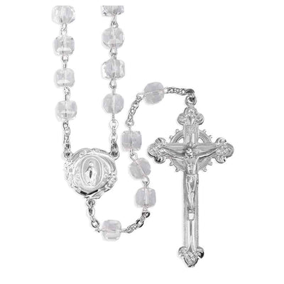 Silver Tone 8mm Czech Crystal Cube Bead Pewter Rosary with lead-free New England pewter floral Miraculous Medal center and crucifix