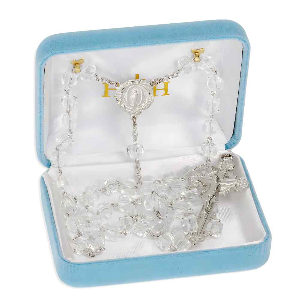 Silver Tone 8mm Czech Crystal Cube Bead Pewter Rosary with lead-free New England pewter floral Miraculous Medal center and crucifix in gift box