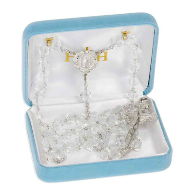 Silver Tone 8mm Czech Crystal Cube Bead Pewter Rosary with lead-free New England pewter floral Miraculous Medal center and crucifix in gift box
