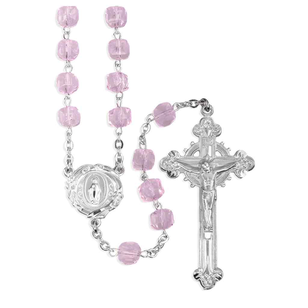 Light Rose 8mm Czech Crystal Cube Bead Pewter Rosary with lead-free New England pewter floral Miraculous Medal center and crucifix (view 1)