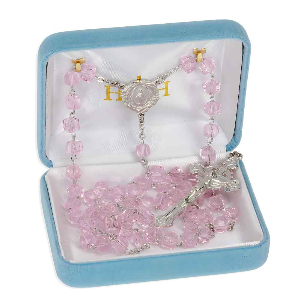 Light Rose 8mm Czech Crystal Cube Bead Pewter Rosary with lead-free New England pewter floral Miraculous Medal center and crucifix in gift box (view 2)