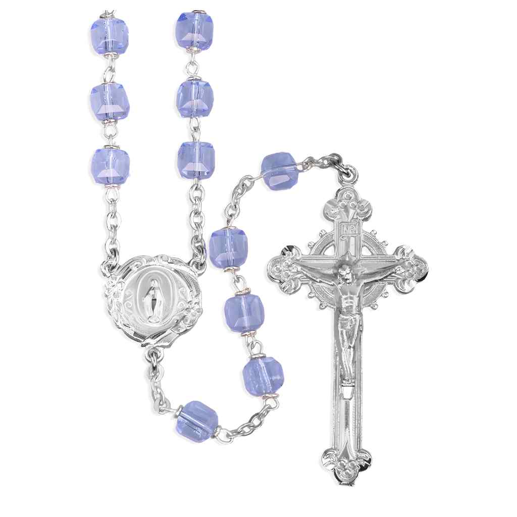 Light Sapphire 8mm Czech Crystal Cube Bead Pewter Rosary with lead-free New England pewter floral Miraculous Medal center and crucifix (view 1)