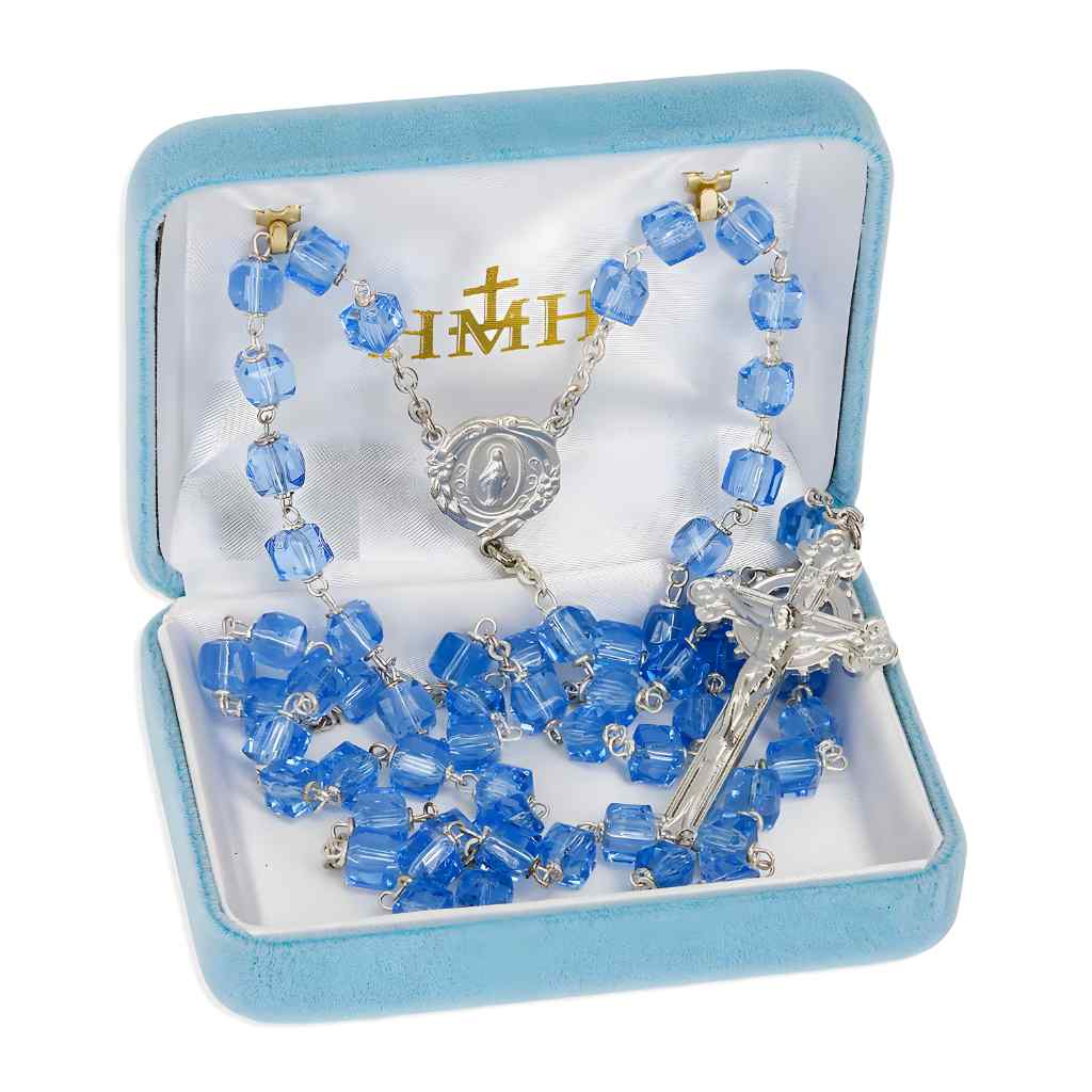 Light Sapphire 8mm Czech Crystal Cube Bead Pewter Rosary with lead-free New England pewter floral Miraculous Medal center and crucifix in gift box (view 2)