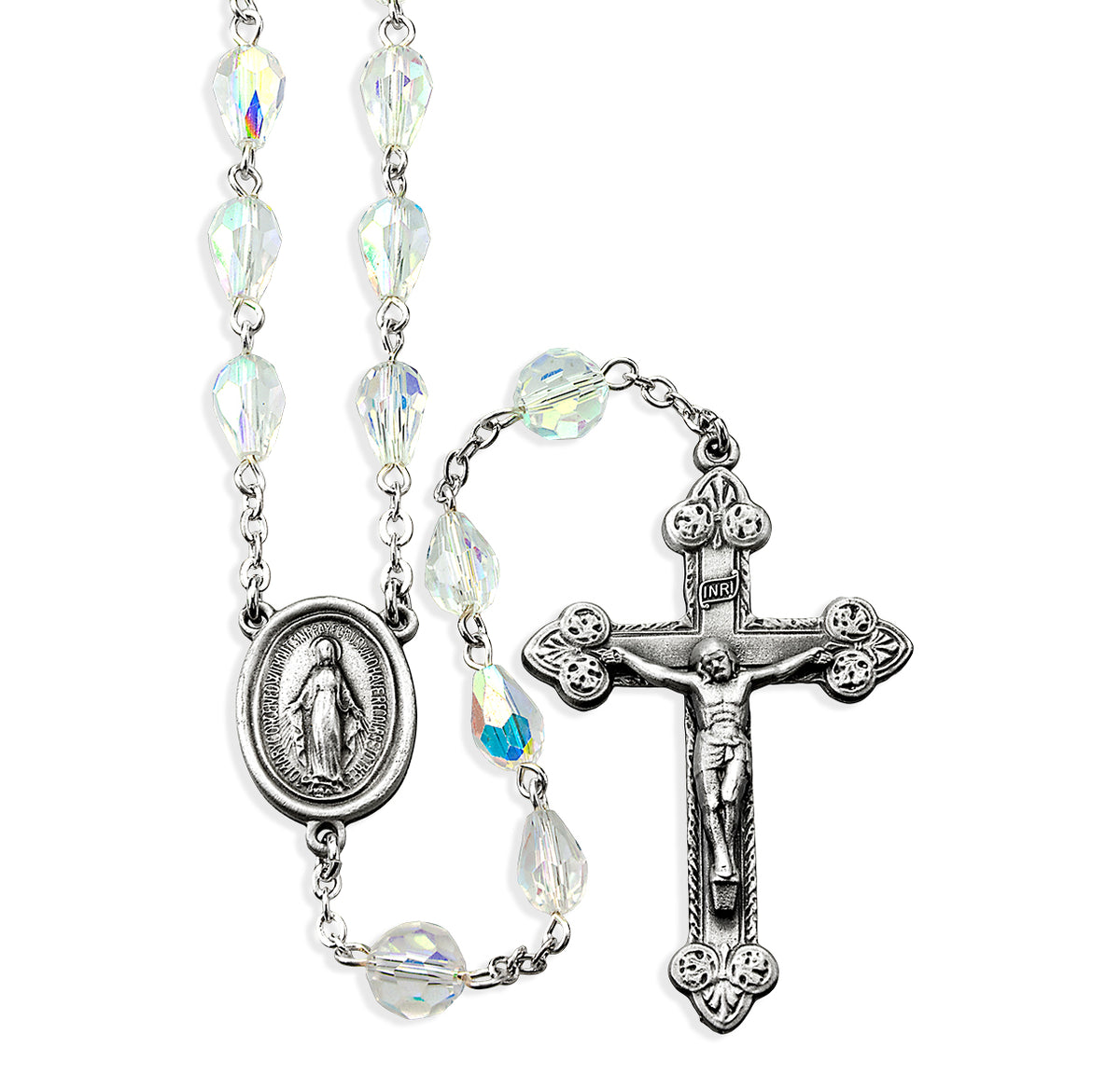 HMH Tear Shape Aurora Crystal Beads Pewter Rosary