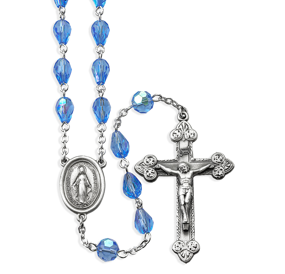 HMH Tear Shape Sapphire Crystal Beads Pewter Rosary