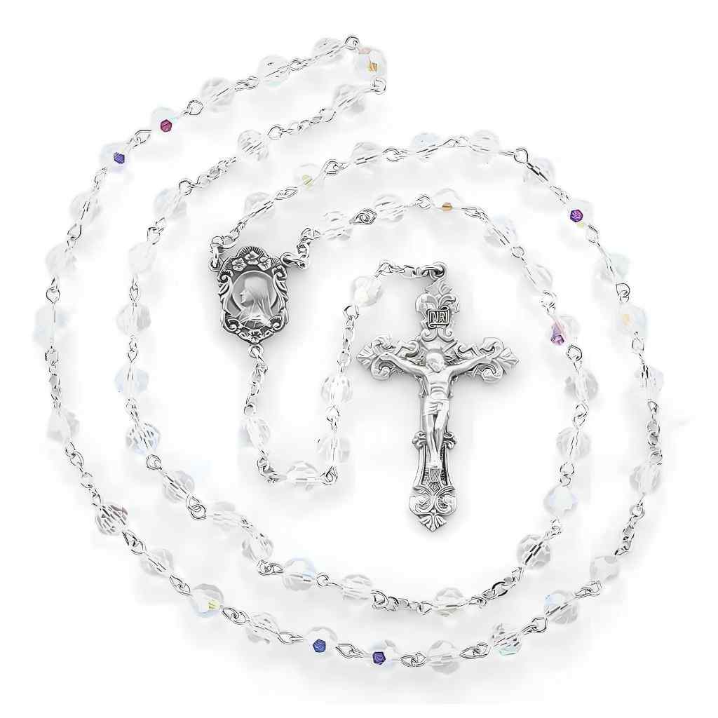 Madonna Pewter Rosary with 6mm Aurora Borealis round crystal beads, lead-free New England pewter center and crucifix (view 2)