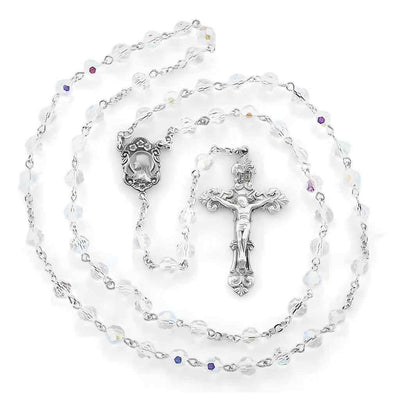 Madonna Pewter Rosary with 6mm Aurora Borealis round crystal beads, lead-free New England pewter center and crucifix (view 2)