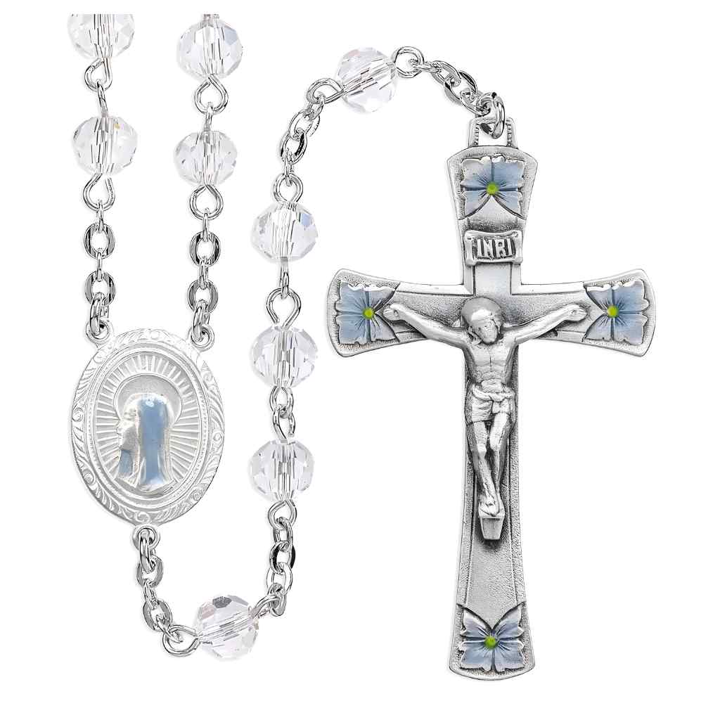 Our Lady of Sorrows Pewter Rosary with 6mm crystal beads, lead-free New England pewter blue epoxy center and crucifix, and silver-plated brass chain (view 1)
