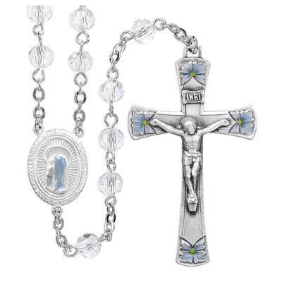 Our Lady of Sorrows Pewter Rosary with 6mm crystal beads, lead-free New England pewter blue epoxy center and crucifix, and silver-plated brass chain (view 1)