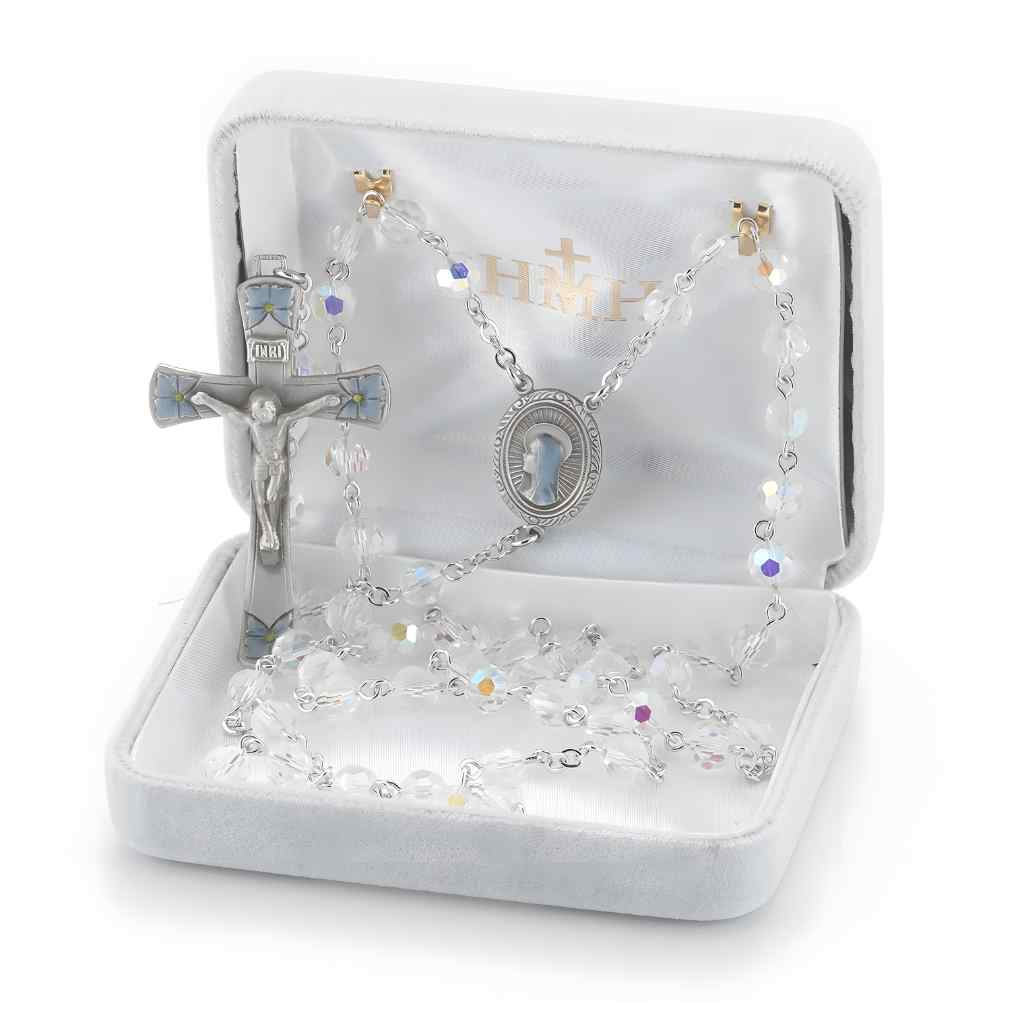 Our Lady of Sorrows Pewter Rosary with 6mm crystal beads, lead-free New England pewter blue epoxy center and crucifix, and silver-plated brass chain in gift box (view 2)