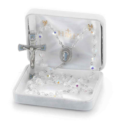 Our Lady of Sorrows Pewter Rosary with 6mm crystal beads, lead-free New England pewter blue epoxy center and crucifix, and silver-plated brass chain in gift box (view 2)