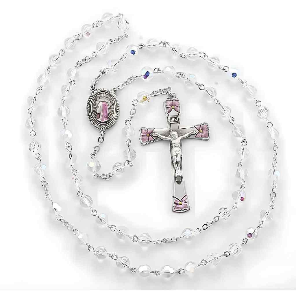 HMH Religious Our Lady of Sorrows Pewter Rosary with 6mm crystal beads, lead-free New England pewter pink epoxy center and crucifix (view 1)