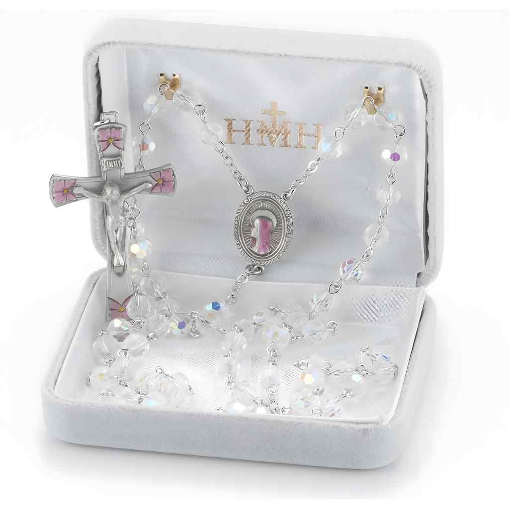 HMH Religious Our Lady of Sorrows Pewter Rosary with 6mm crystal beads, lead-free New England pewter pink epoxy center and crucifix in gift box (view 2)