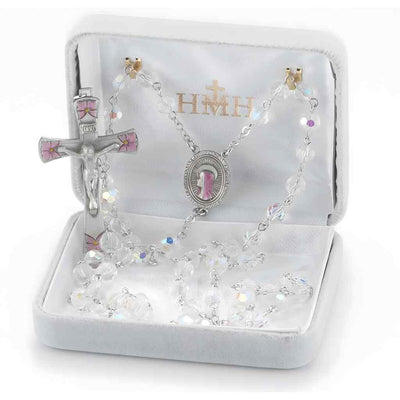 HMH Religious Our Lady of Sorrows Pewter Rosary with 6mm crystal beads, lead-free New England pewter pink epoxy center and crucifix in gift box (view 2)