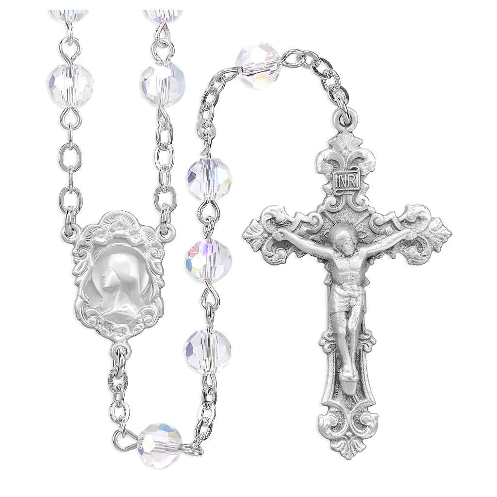 Madonna Pewter Rosary with 6mm Aurora Borealis round crystal beads, lead-free New England pewter center and crucifix (view 1)