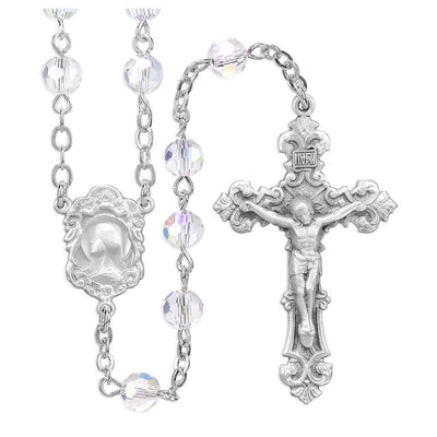 Madonna Pewter Rosary with 6mm Aurora Borealis round crystal beads, lead-free New England pewter center and crucifix (view 1)