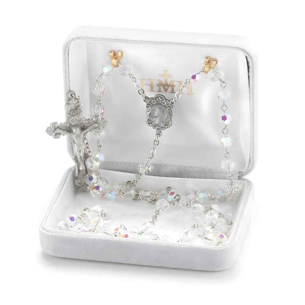 Madonna Pewter Rosary with 6mm Aurora Borealis round crystal beads, lead-free New England pewter center and crucifix in gift box (view 3)