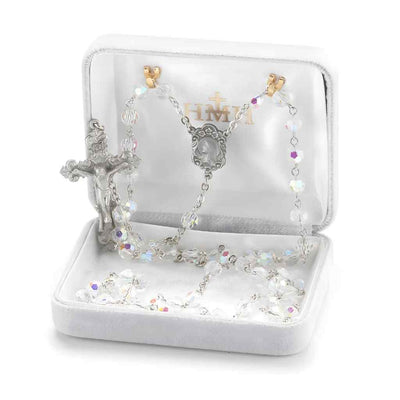 Madonna Pewter Rosary with 6mm Aurora Borealis round crystal beads, lead-free New England pewter center and crucifix in gift box (view 3)