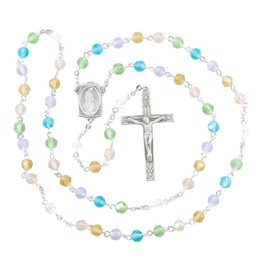 HMH Religious Miraculous Pewter Rosary with 6mm multi-color tin cut crystal beads, lead-free New England pewter center and crucifix (view 2)