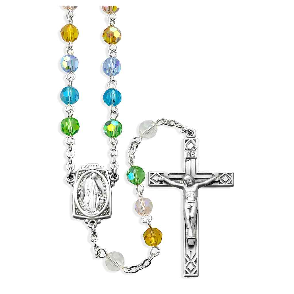 HMH Religious Miraculous Pewter Rosary with 6mm multi-color tin cut crystal beads, lead-free New England pewter center and crucifix, and silver-plated brass chain (view 1)
