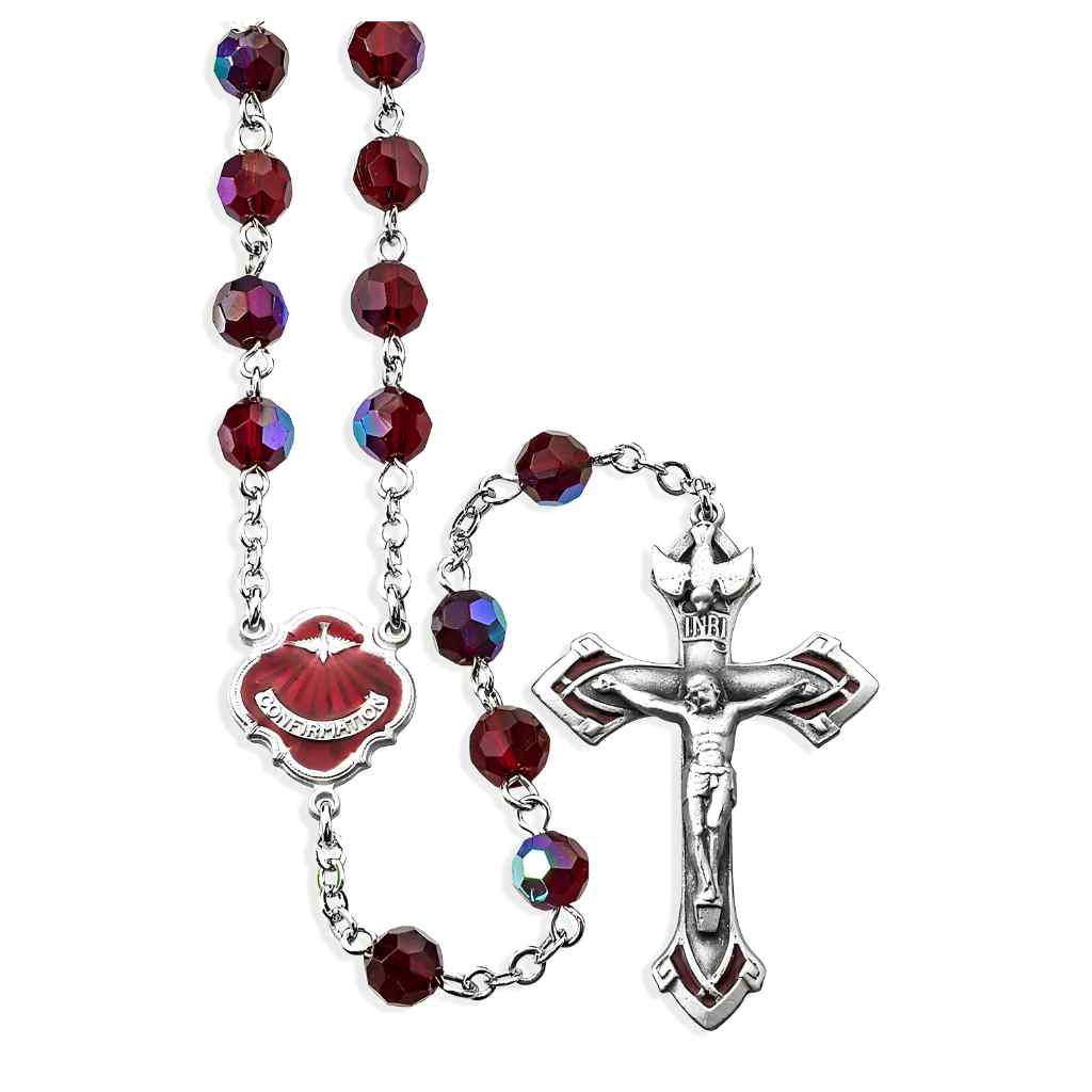 Red Confirmation Pewter Rosary with 6mm aurora borealis tin cut crystal beads, Holy Spirit center and crucifix (view 1)