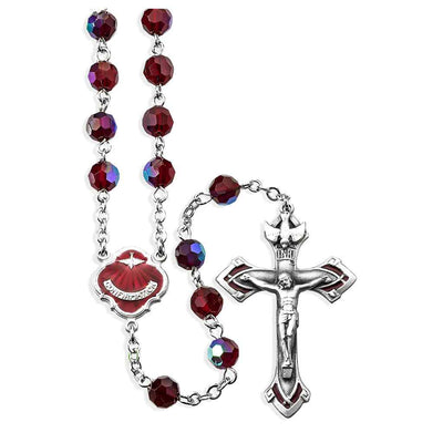 Red Confirmation Pewter Rosary with 6mm aurora borealis tin cut crystal beads, Holy Spirit center and crucifix (view 1)