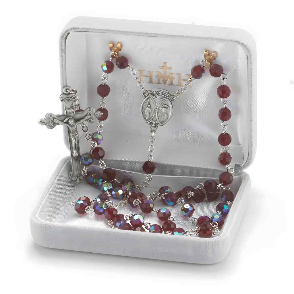 Red Confirmation Pewter Rosary with 6mm aurora borealis tin cut crystal beads, Holy Spirit center and crucifix with gift box (view 3)