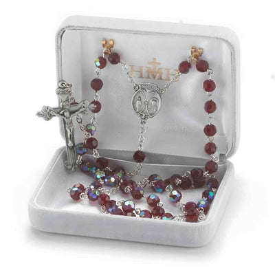 Red Confirmation Pewter Rosary with 6mm aurora borealis tin cut crystal beads, Holy Spirit center and crucifix with gift box (view 3)