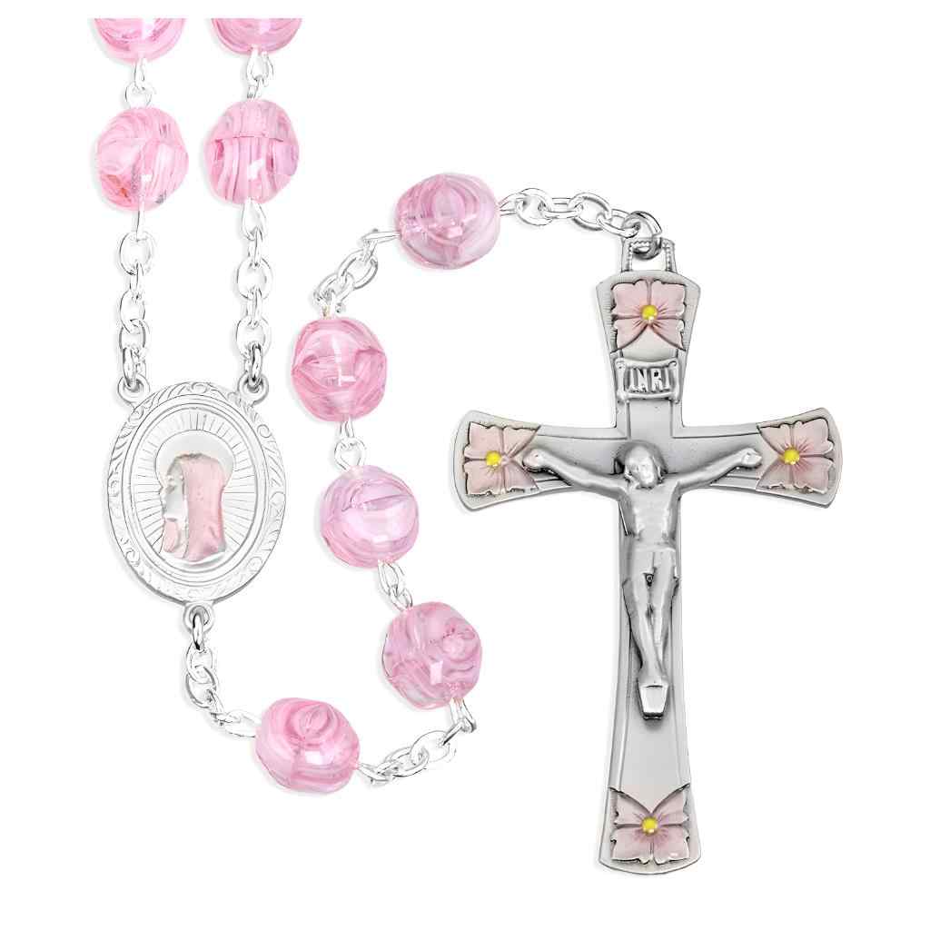 Our Lady of Sorrow 8mm Pink and Rose Swirl Glass Bead Pewter Rosary with a pewter pink epoxy center and crucifix (view 1)