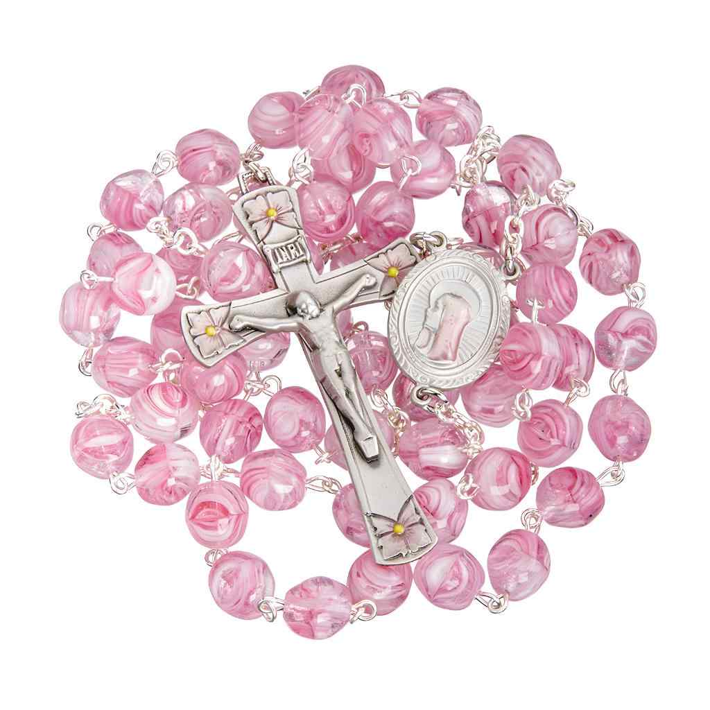 Our Lady of Sorrow 8mm Pink and Rose Swirl Glass Bead Pewter Rosary with a pewter pink epoxy center and crucifix (view 2)