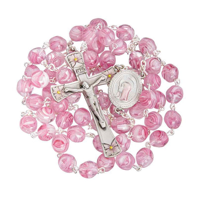 Our Lady of Sorrow 8mm Pink and Rose Swirl Glass Bead Pewter Rosary with a pewter pink epoxy center and crucifix (view 2)