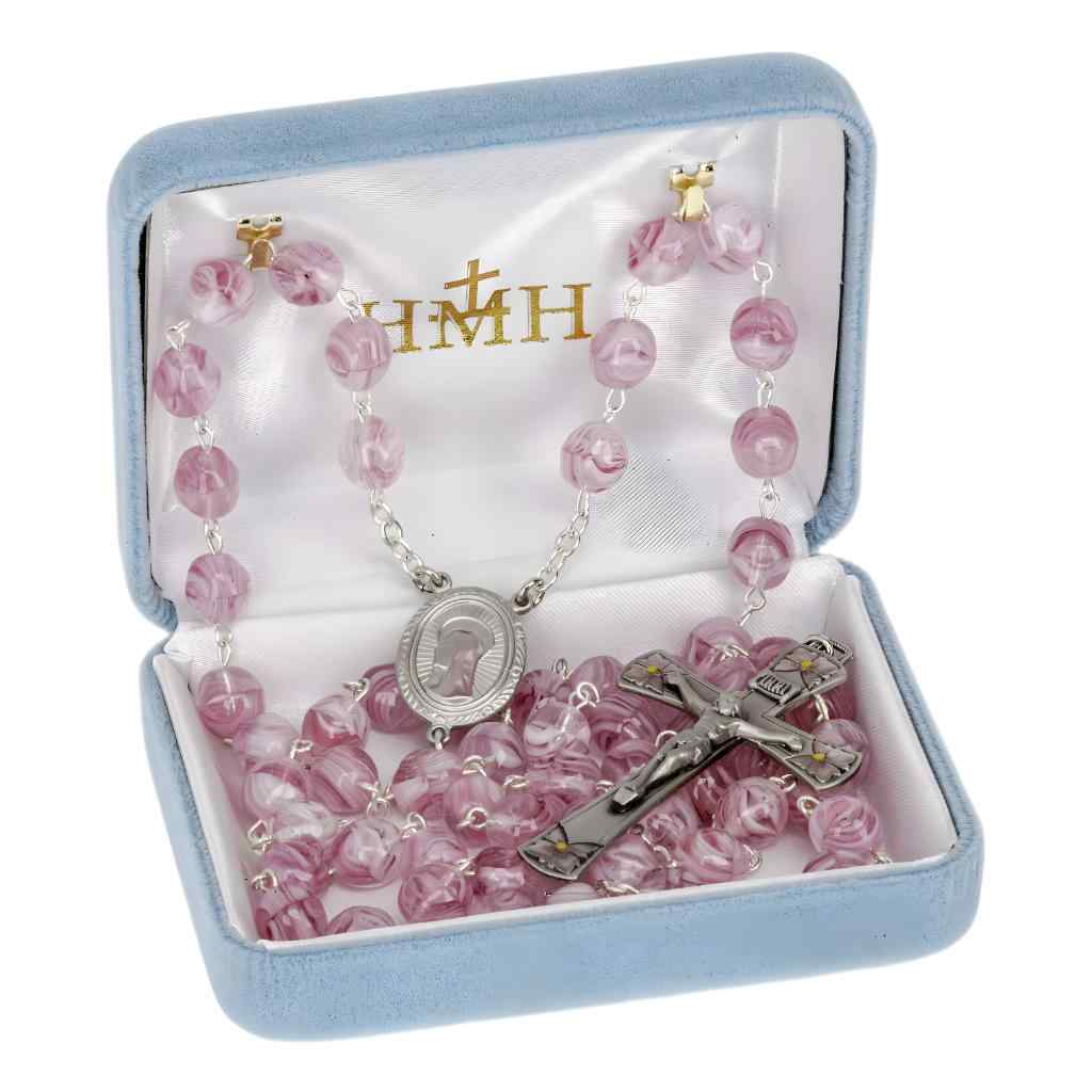 Our Lady of Sorrow 8mm Pink and Rose Swirl Glass Bead Pewter Rosary with a pewter pink epoxy center and crucifix in gift box (view 3)