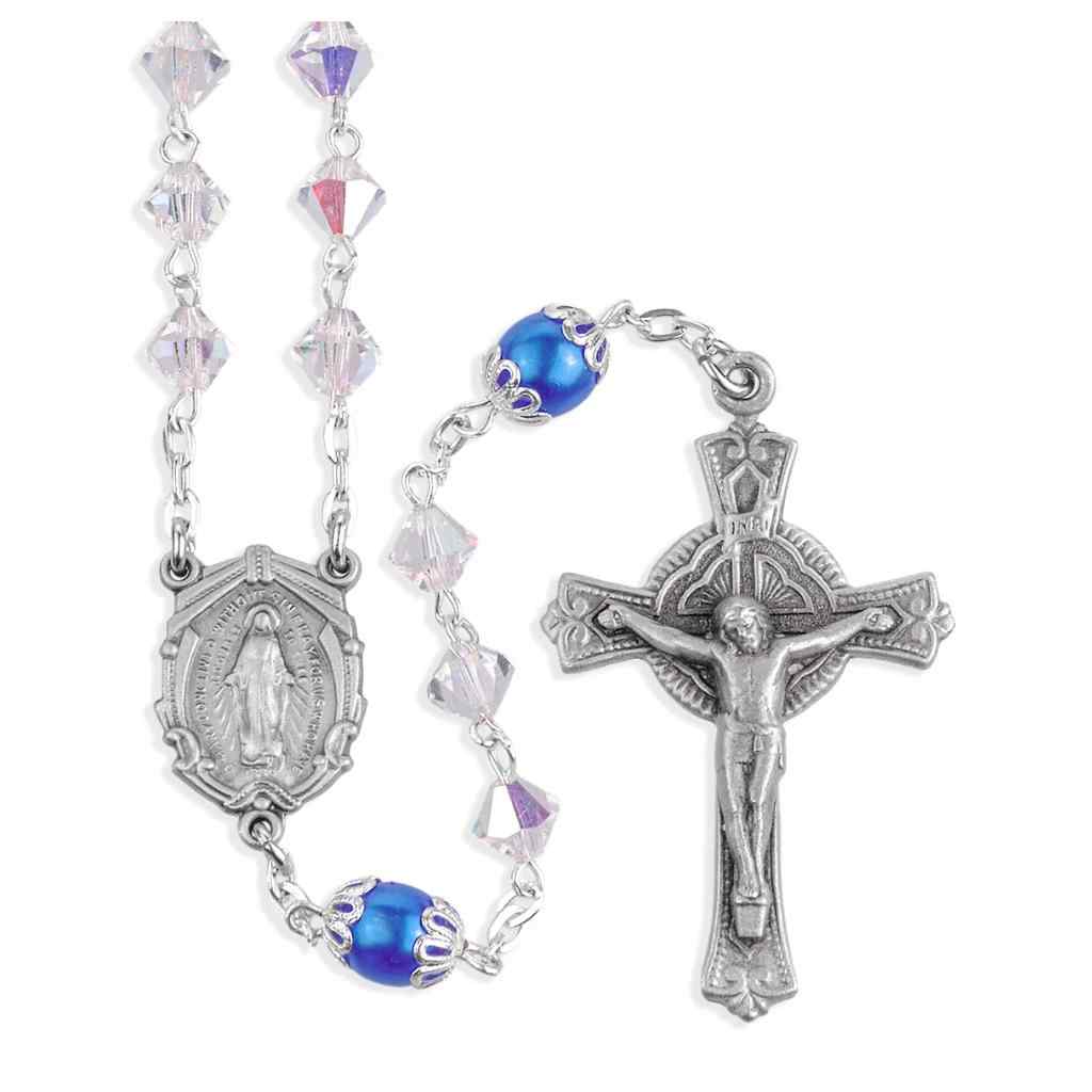  6mm Czech Crystal Bicone and Blue Double Capped Round Imitation Pearl Our Father Beads Bead Rosary with a pewter Miraculous medal centerpiece and a pewter detailed crucifix (view 1)