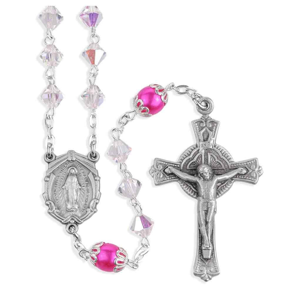  6mm Czech Crystal Bicone and Rose Pink Double Capped Round Imitation Pearl Our Father Beads Bead Rosary with a pewter Miraculous medal centerpiece and a pewter detailed crucifix (view 1)