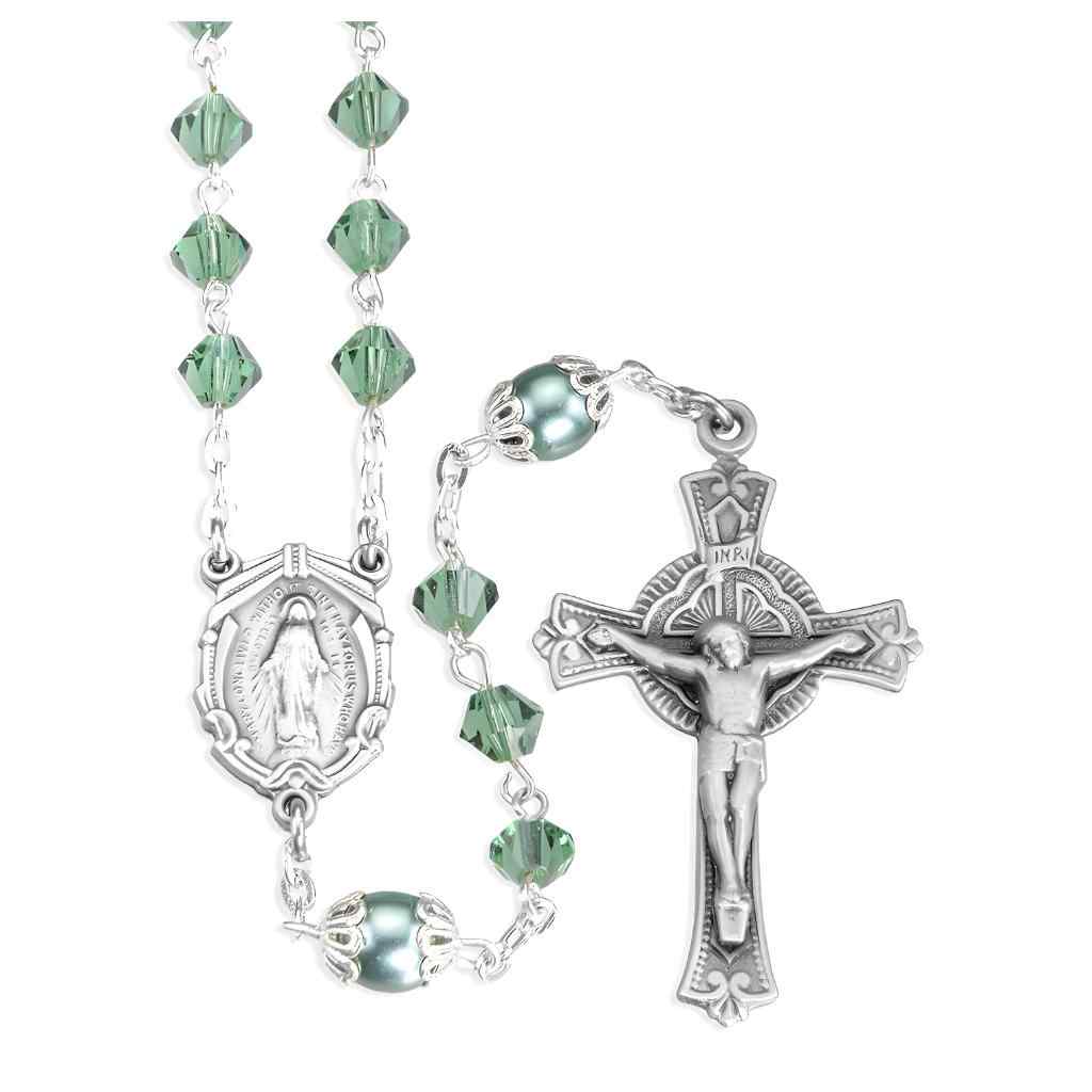 Erinite Green 6mm Czech Crystal Bicone and Double Capped Round Imitation Pearl Our Father Beads Bead Rosary with a pewter Miraculous medal centerpiece and a pewter detailed crucifix (view 1)