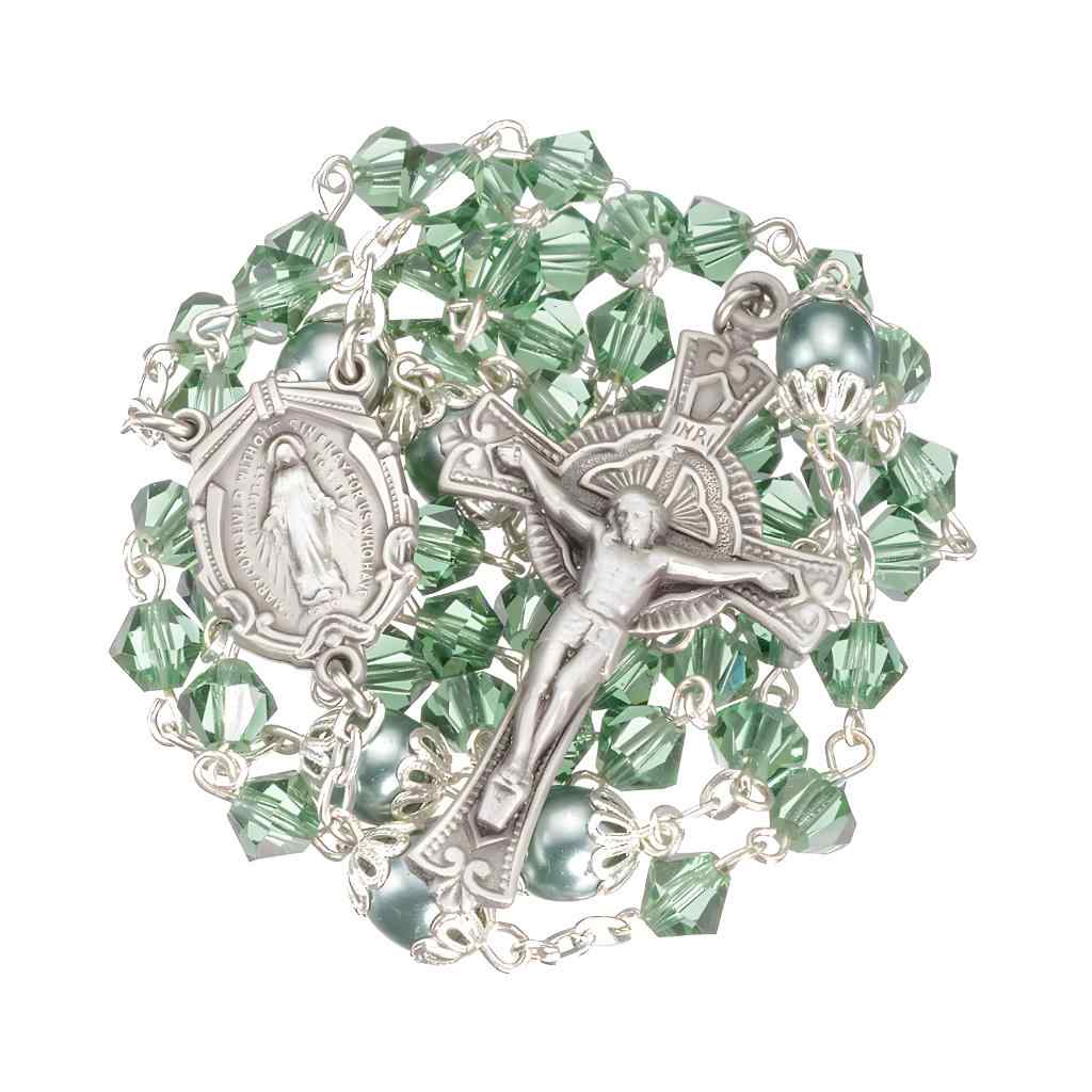 Erinite Green 6mm Czech Crystal Bicone and Double Capped Round Imitation Pearl Our Father Beads Bead Rosary with a pewter Miraculous medal centerpiece and a pewter detailed crucifix in gift box (view 2)