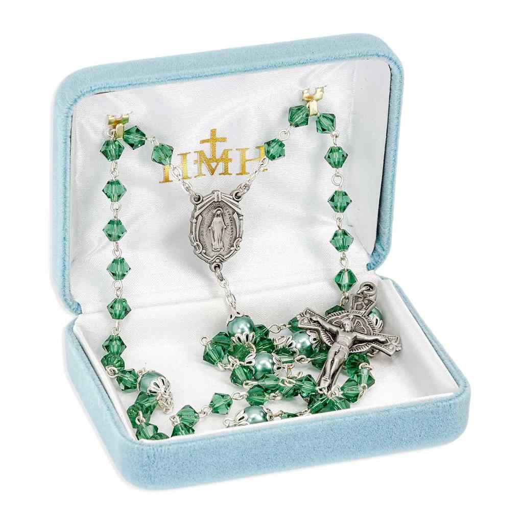 Erinite Green 6mm Czech Crystal Bicone and Double Capped Round Imitation Pearl Our Father Beads Bead Rosary with a pewter Miraculous medal centerpiece and a pewter detailed crucifix (view 2)