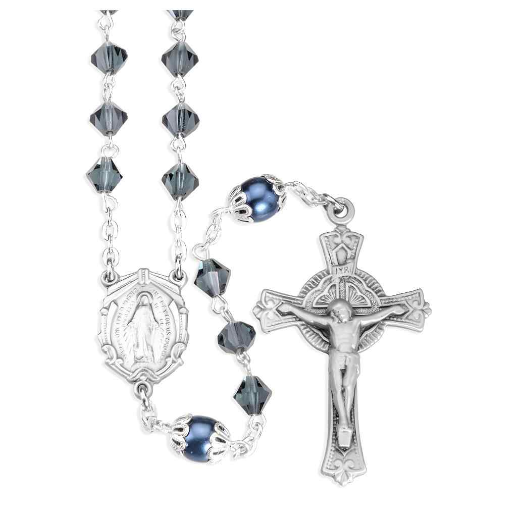 Midnight Blue 6mm Czech Crystal Bicone and Double Capped Round Imitation Pearl Our Father Beads Bead Rosary with a pewter Miraculous medal centerpiece and a pewter detailed crucifix (view 1)