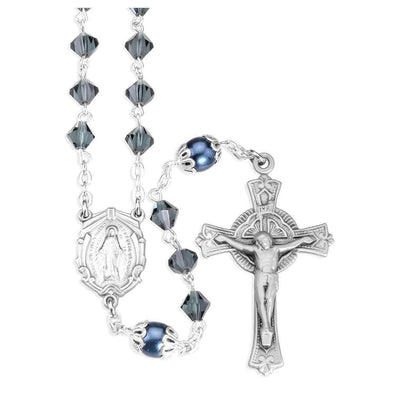 Midnight Blue 6mm Czech Crystal Bicone and Double Capped Round Imitation Pearl Our Father Beads Bead Rosary with a pewter Miraculous medal centerpiece and a pewter detailed crucifix (view 1)