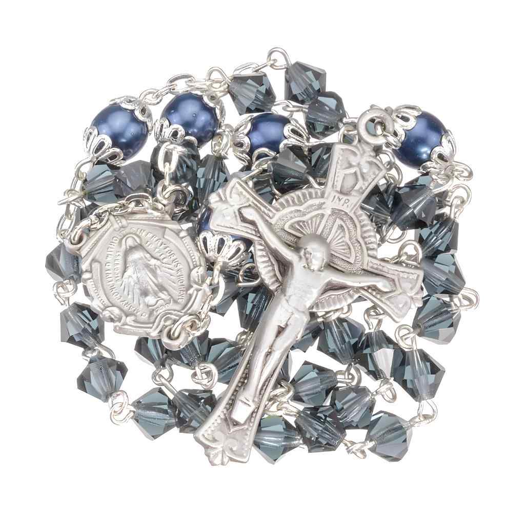 Midnight Blue 6mm Czech Crystal Bicone and Double Capped Round Imitation Pearl Our Father Beads Bead Rosary with a pewter Miraculous medal centerpiece and a pewter detailed crucifix (view 2)