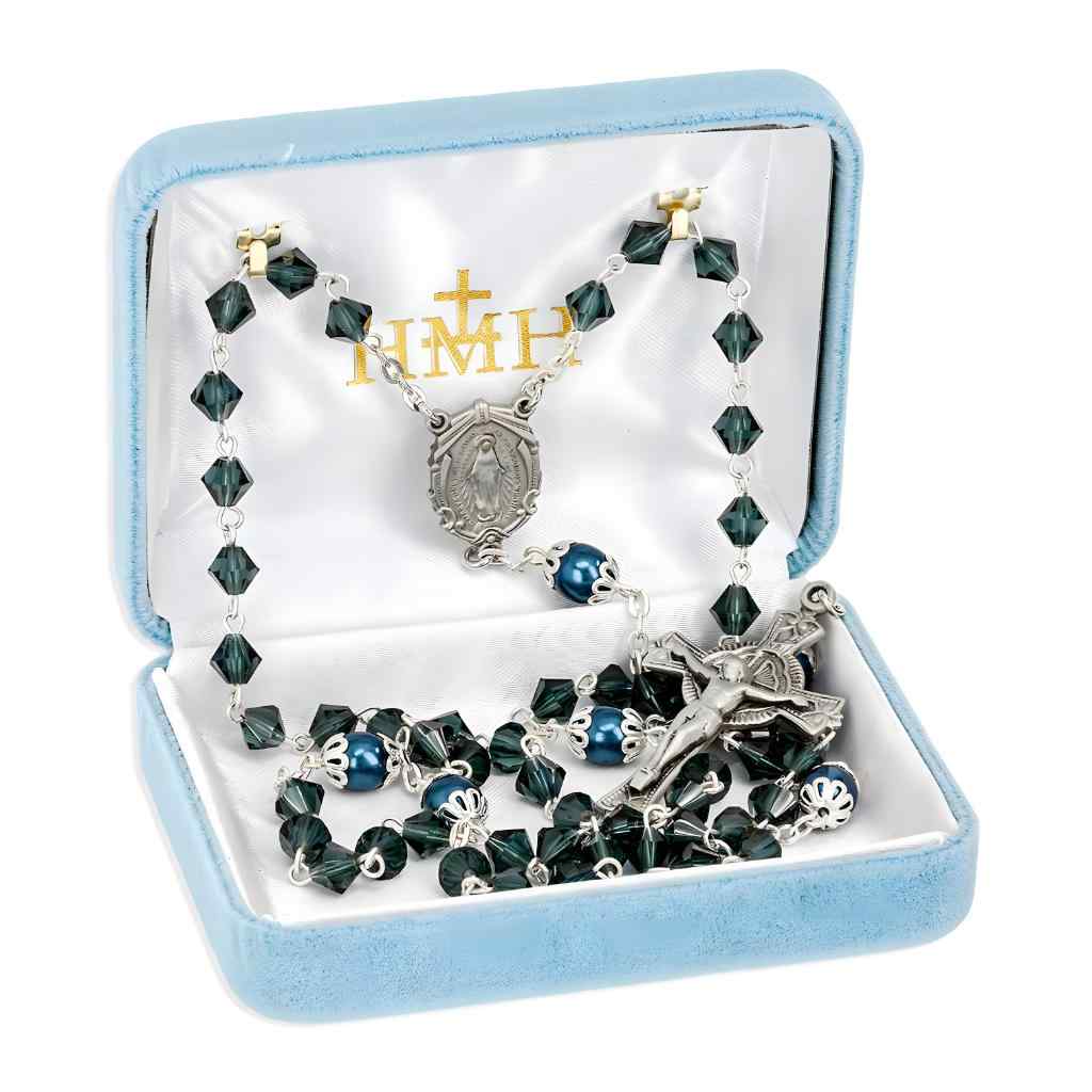 Midnight Blue 6mm Czech Crystal Bicone and Double Capped Round Imitation Pearl Our Father Beads Bead Rosary with a pewter Miraculous medal centerpiece and a pewter detailed crucifix in gift box (view 3)
